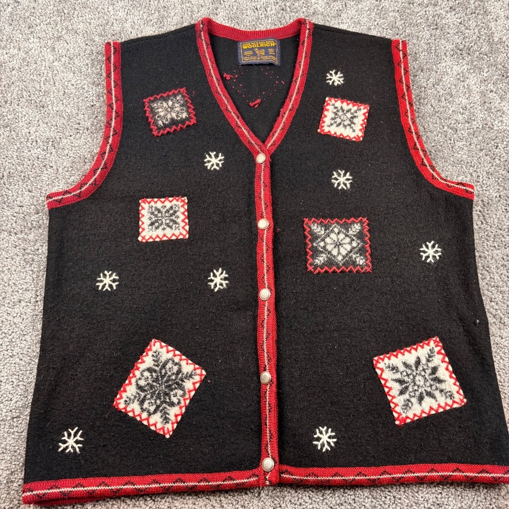 Woolrich Womens Cardigan Sweater L Black Wool‎ Snowflake Vintage Holiday Winter